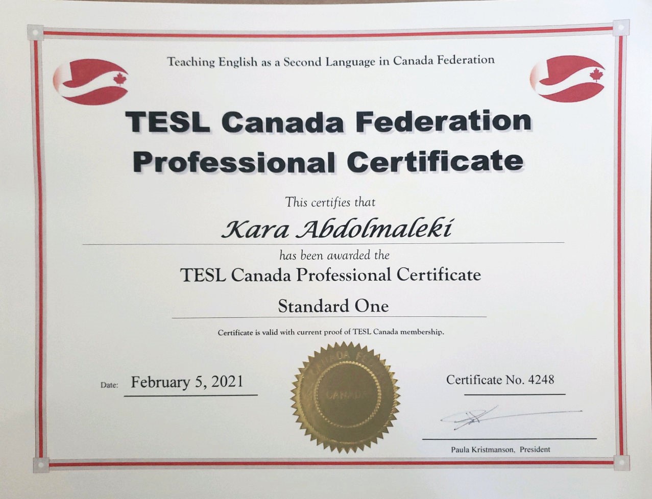 TESL Canada Professional Certificate for Kara Abdolmaleki